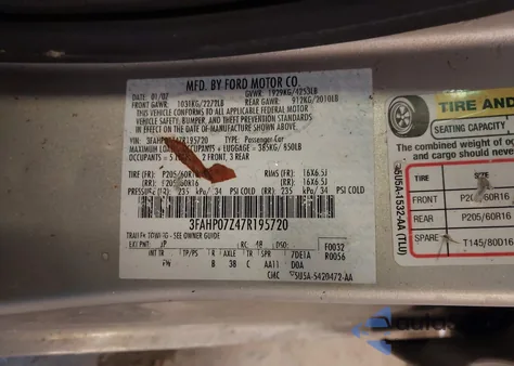 2007 Ford Fusion Se z USA, uszkodzony, nr VIN 3FAHP07Z47R195720